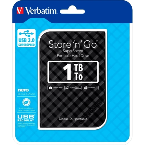Внешний жесткий диск Verbatim Store 'n' Go 1 TB USB3.0 Black (53194): Размеры, мм 119х81х14.5