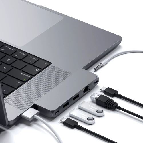 Адаптер Satechi Adapter Dual USB-C to USB-C+2xUSB3.0+2xUSB-C+RJ45+3.5mm Space Gray (ST-UCPHMIM): Цвет серый