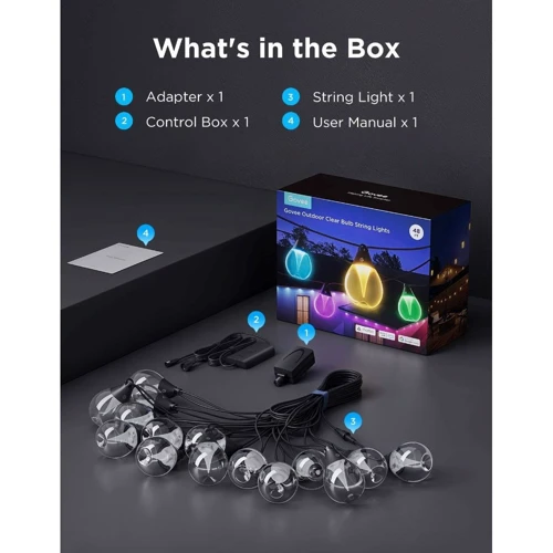 Набор светодиодных ламп Govee H7025 Outdoor Clear Bulb String Lights, 15м, RGBIC/Warm White, WI-FI/Bluetooth, черный (H7025CB1)