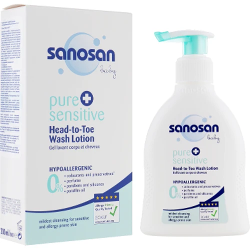 Sanosan Baby Pure & Sensitive Head-to-Toe Wash Lotion Детское гипоаллергенное средство для купания 2 в 1 200 ml: Тип Очищающая жидкость