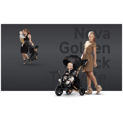Велосипед складной трехколесный детский QPLAY Nova Pro с надувными колесами Gold Matt - Black: Рекомендуемый возраст от 10 месяцев