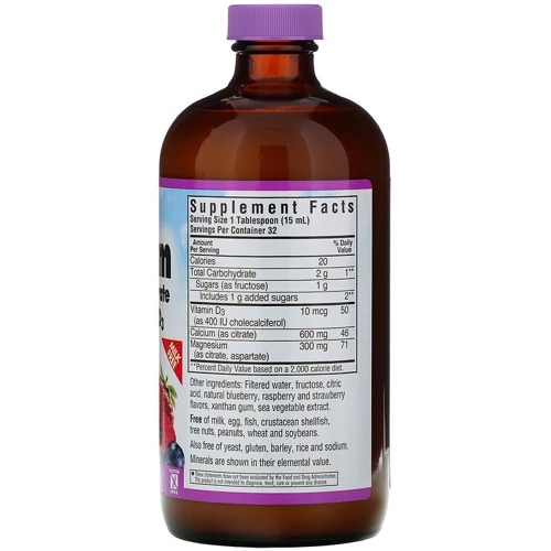 Bluebonnet Nutrition, Liquid Calcium Magnesium Citrate Plus Vitamin D3, Natural Mixed Berry Flavor, 16 fl oz (472 ml) (696): Тип Магний + Кальций