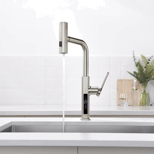Смеситель для кухни Lefton Waterfall & Pull-Out Kitchen Faucet with Temperature Display-KF2209 Brushed Nickel: Длина излива, см 21.5