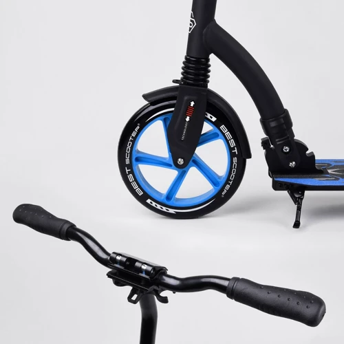 Самокат двухколесный Best Scooter с PU колесами, амортизатором, широким рулем, зажимом для руля Black/Blue (74314): Тип тормоза ножной