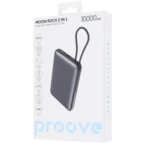 Внешний аккумулятор Proove Power Bank 10000mAh Moon Rock 2 in 1 22.5W Gray (PBR122012105): Особенности Поддержка MagSafe, беспроводная зарядка, Индикатор заряда, Встроенный кабель, быстрая зарядка