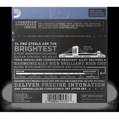 Струна для гітар Гітарні струни D'ADDARIO EPS520 XL PROSTEELS SUPER LIGHT (09-42): Призначення Для класичної гітари