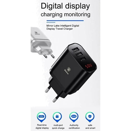 Зарядний пристрій Baseus USB Wall Charger 3xUSB 3.4A Mirror Lake Intelligent Digital Display Black (CCALL-BH01) фото 6