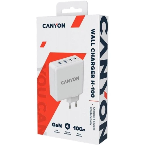 Зарядное устройство Canyon Wall Charger 2xUSB+2xUSB-C H-100 GaN 100W White (CND-CHA100W01): Кабель в комплекте отсутствует