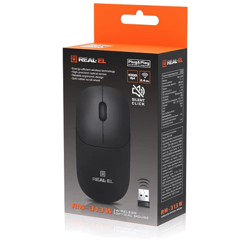 Мышь REAL-EL RM-313 Wireless Black (EL123200042): Вес 52 г