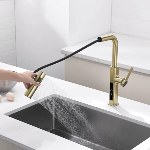 Смеситель для кухни Lefton Waterfall & Pull-Out Kitchen Faucet with Temperature Display-KF2209 Brushed Gold фото 12