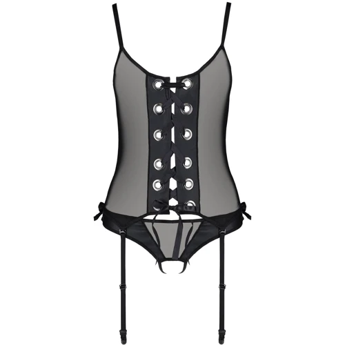 Корсет со шнуровкой Passion NESSY CORSET Вlack XXL/XXXL (стринги в наборе)