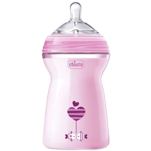 Пляшка пластикова Chicco Natural Feeling 330мл. соска силіконова 6+ швидкий потік (рожева) (80837.11)
