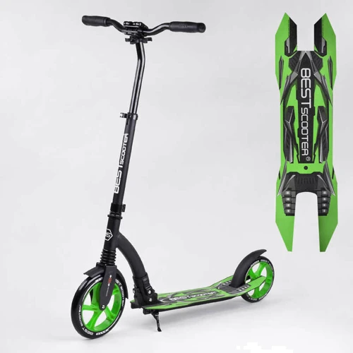 Самокат двухколесный Best Scooter с PU колесами, амортизатором, широким рулем, зажимом для руля Black/Green (94767)