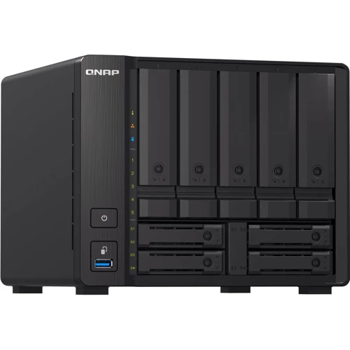 Мережевий накопичувач (NAS) Qnap TS-H973AX-8G: Слоти для дисків 5 x 2,5" или 3,5" HDD/SSD с интерфейсом SATA II или SATA III, 4 x 2,5" HDD/SSD, из них: 2 отсека 2,5" SATA , 2 отсека 2,5" U.2 NVMe или SATA