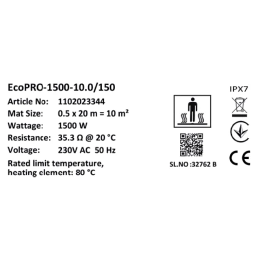 Мат нагревательный Warmstad Max EcoPRO-1500-10.0/150 W/m2: Площадь обогрева, кв.м 10