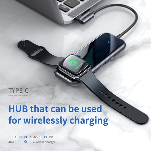 Адаптер Baseus Adapter Superlative USB-C to 2xUSB3.0+HDMI+3.5mm Deep Grey with Wireless Charger (CAHUB-AZ0G) for Apple Watch фото 13