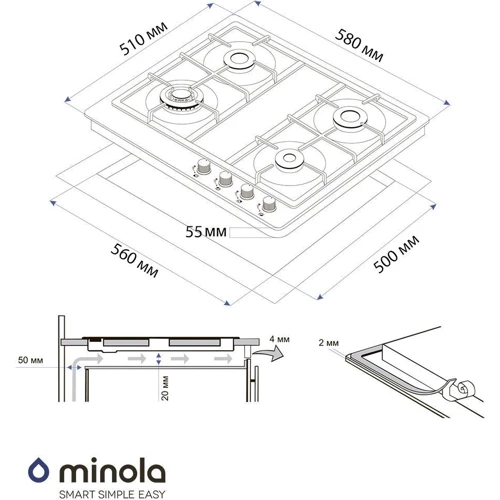 Варочная поверхность газовая Minola MGM 61221 WH: Расположение панели Спереди справа