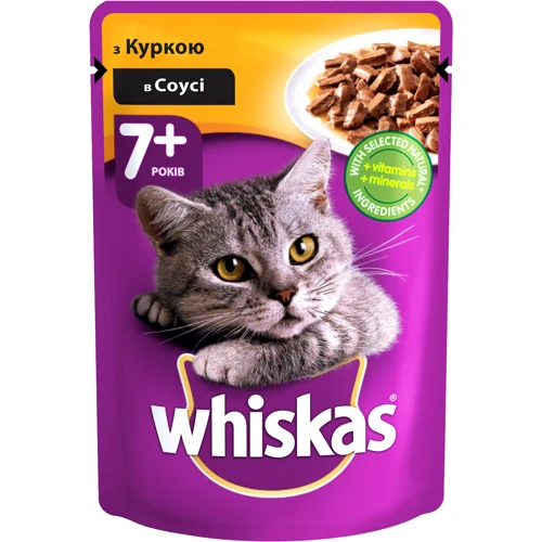 Влажный корм для котов старше 7 лет Whiskas с курицей в соусе 100г (3065890128477)