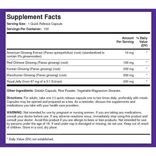 Piping Rock Super Ginseng Complex Plus Royal Jelly 100 Capsules Суперкомплекс из женьшеня и маточного молочка: Форма выпуска Капсулы