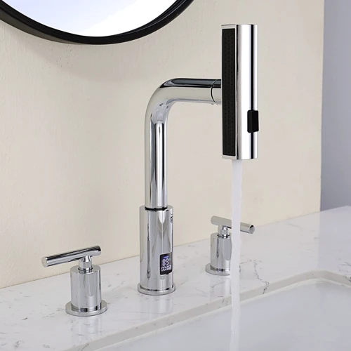 Смеситель для раковины Lefton Two-Handle Widespread Waterfall & Pull-Out Bathroom Faucet with Temperature Display-BFWS2401 Chrome фото 9