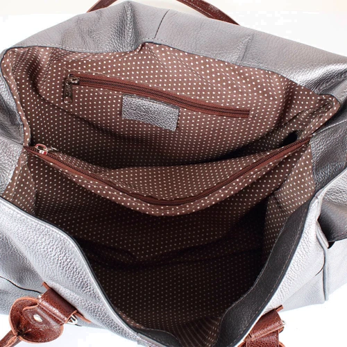 Женская сумка саквояж Laskara серебристая (LK-DM233-silver-brown): Материал Натуральная кожа