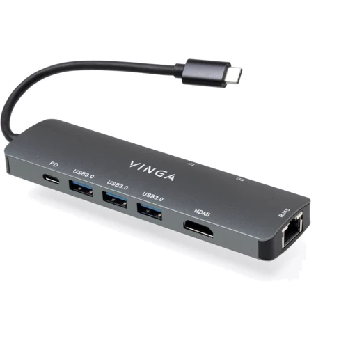 Адаптер Vinga Adapter USB-C to HDMI+RJ45+3xUSB3.0+SD+TF+PD100W (VHYC8): Цвет серый