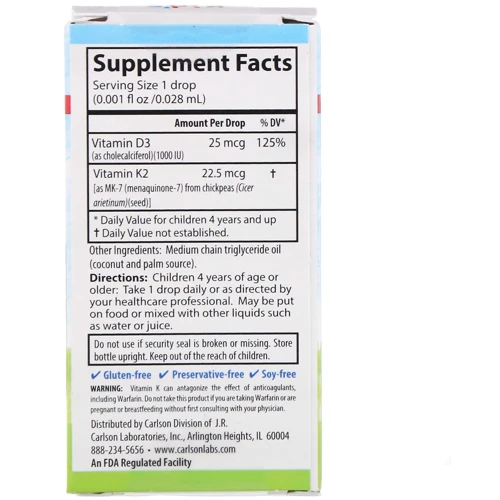 Carlson Labs Kids Super Daily D3 + K2 25 mcg (1,000 IU) & 22.5 mcg 0.34 fl oz (10.16 ml) Вітаміни D3 + K2 для дітей: Тип вітамін D