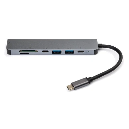 Адаптер Vinga Adapter USB-C to 2xUSB-C + HDMI + 2xUSB + SD / TF Grey (VCPHTC7AL): Додаткові роз'єми SD+TF Card, USB OTG, HDMI, USB-C