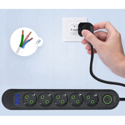 Сетевой фильтр Voltronic F05U 5 розеток EU 3хUSB Black (F05U-Black): Количество розеток, шт 5