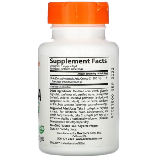 Doctor's Best Vegan DHA from Algae Докозагексанова кислота та омега-360 вегакапсул: Тип Омега 3