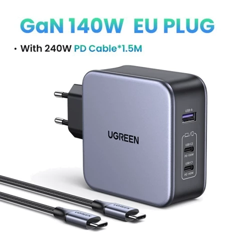 Зарядний пристрій Ugreen Wall Charger 2xUSB-C+USB CD289 GaN 140W з USB-C Cable Gray (90549): Кабель в комплекті USB-C