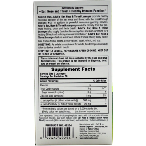 Natures Plus Adults Ear Nose & Throat 60 Lozenges Комплекс вухо, горло, ніс з пробиотиком К12, Тропік вишня: Форма випуску Таблетки для розсмоктування