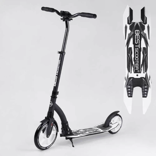 Самокат двоколісний Best Scooter з PU колесами, амортизатором, широким кермом, затискачем для керма Black / White (100069)