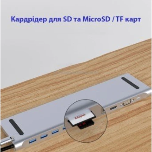 Адаптер Dynamode Adapter USB-C to HDMI+VGA+4xUSB3.0+RJ45+USB-C+3.5mm+SD+microSD Gray (BYL-2003)