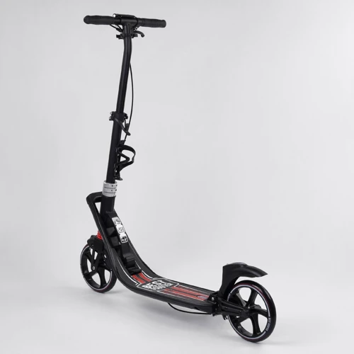 Самокат двоколісний Best Scooter PU колеса, 2 амортизатора, затиск керма, ручне гальмо Black / Red (99644): Конструкція рами складна