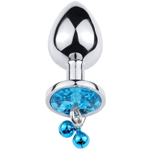 Анальная пробка с кристаллом, колокольчиком и поводком Silver Blue (размер M)