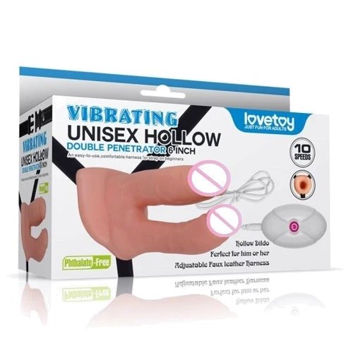 Страпон двойной с вибрацией Lovetoy Vibrating Unisex Hollow Double Penetrator 6"