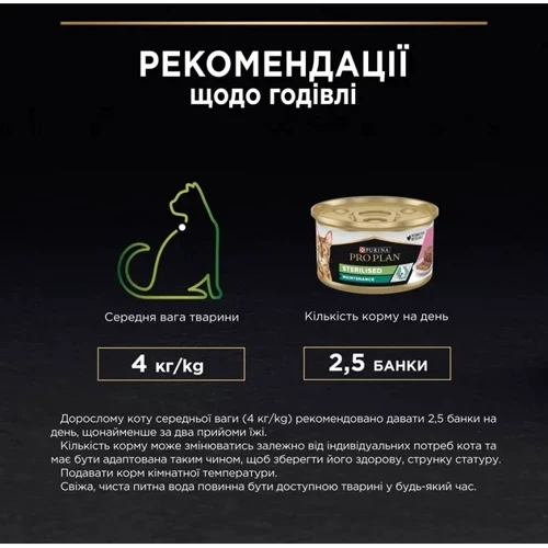 Влажный корм Pro Plan Sterilised для кастрированных котов с тунцом и лососем 85г (7613033568558): Вес упаковки 85 г