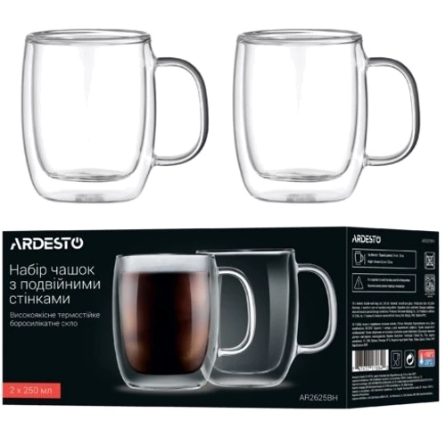 Набор чашек Ardesto с ручками и двойными стенками 250 мл 2 шт. (AR2625BH)
