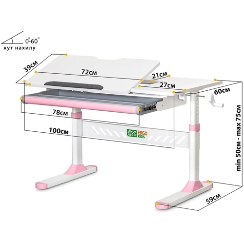 Комплект S ErgoKids TH-310 Pink парта + тумба (TH-310 + BD C3_PINK): Ширина столешницы, см 100