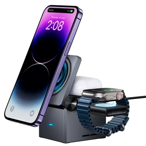 Зарядное устройство Hoco Wireless Charger CQ8 Folding 3in1 Gray for iPhone 16 I 15 I 14 I 13 I 12 series, Apple Watch and Apple AirPods: Количество USB-портов нет