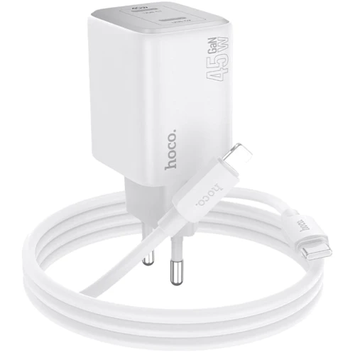 Зарядное устройство Hoco Wall Charger N42 Elogiado 2xUSB-C 45W White with USB-C to Lightning Cable: Особенности USB-C, Power Delivery (PD), Быстрая зарядка