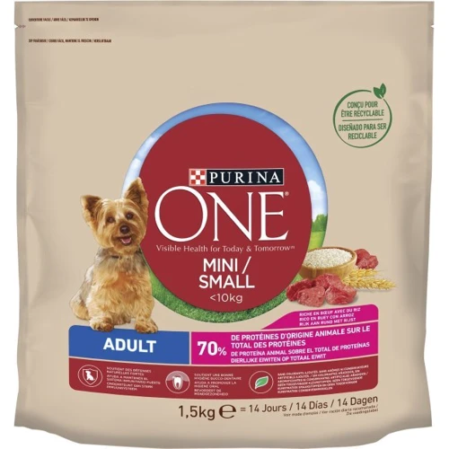 Сухой корм Purina ONE mini Adult для собак малых пород с говядиной и рисом 1.5 кг (7613034146656)