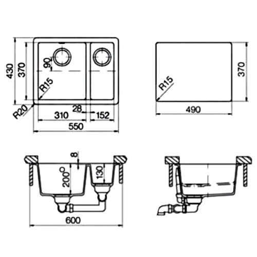 Кухонная мойка SCHOCK QUADRO N150 Superwhite-01(25066001): Форма Прямоугольная