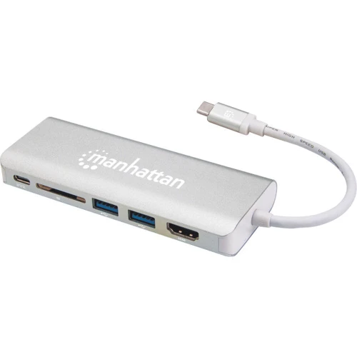 Адаптер Intracom Adapter Manhattan USB-C to HDMI+2xUSB3.0+RJ45+SD PD Silver: Цвет белый