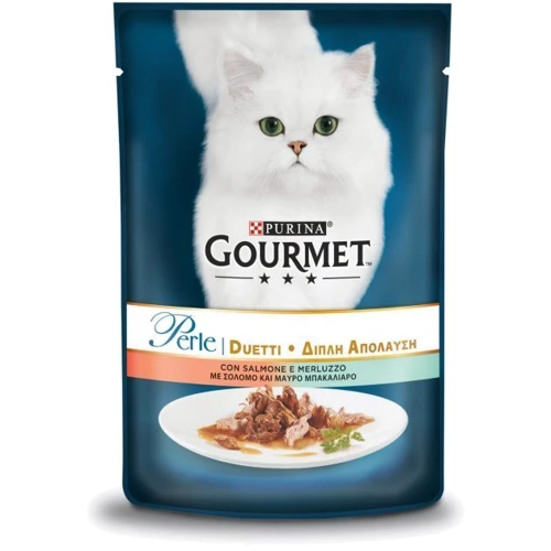 Вологий корм GOURMET Perle Duo для дорослих кішок міні філе в підливці з лососем та сайдою 26х85 г (7613033580000): Порода всі породи