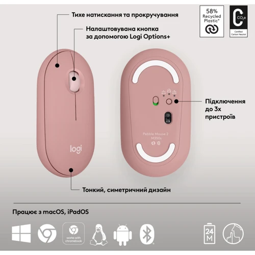 Мышь Logitech Pebble Mouse 2 M350s Tonal Rose (910-007014): Радиус действия 10 м