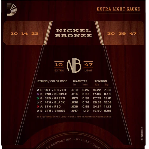 Струна для гитар Струны D`ADDARIO NB1047 NICKEL BRONZE EXTRA LIGHT 10-47: Тип Комплект струн