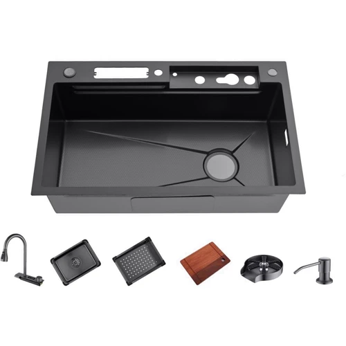 Кухонная мойка Lefton Waterfall Workstation Kitchen Sink Set With Digital Temperature Display & Knife Holder-KS2204: Габариты чаши (ШxГxВ), см 70x35x23