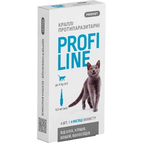 Капли на холку ProVET Profiline для котов до 4 кг 4 пипетки по 0.5 мл (4823082431113)